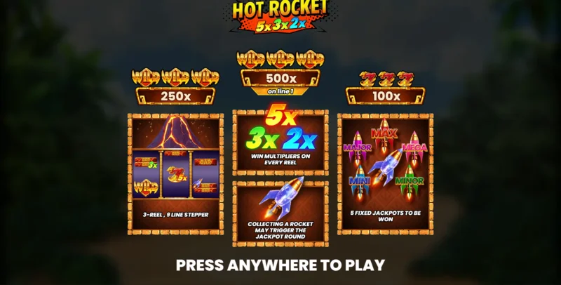 Hot Rocket 5x 3x 2x - menu utama dengan gulungan dan tombol mulai